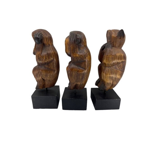HD Wise Monkeys, 11” on Base Carved Wood Hear No Evil See No Evil Speak No Evil - Picture 2 of 12